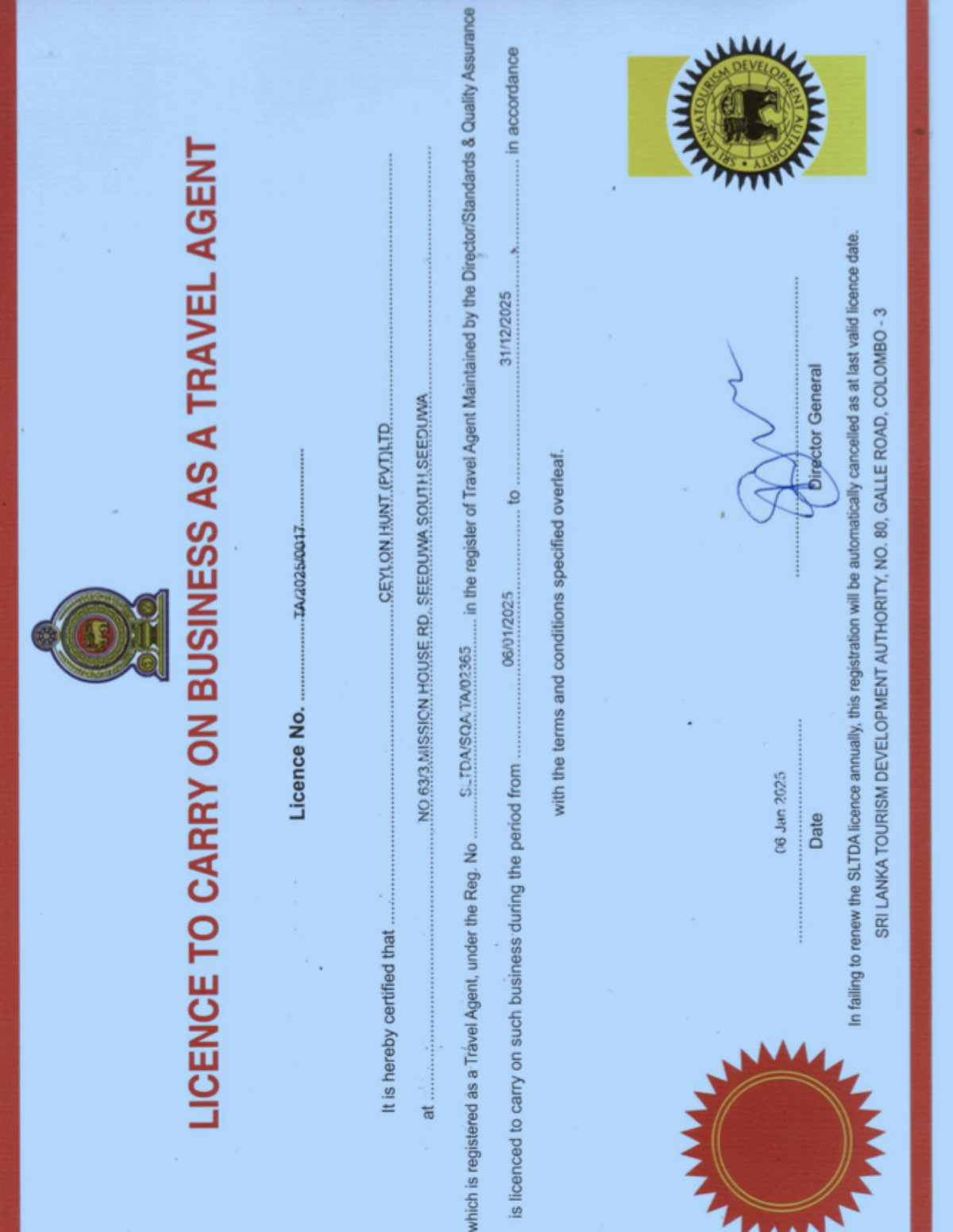 SLTDA License Certificate 2