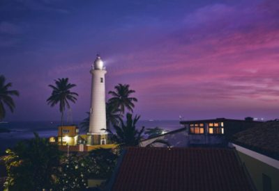 Lighthouse in fort in Galle. Old town in Sri Lanka at sunset.